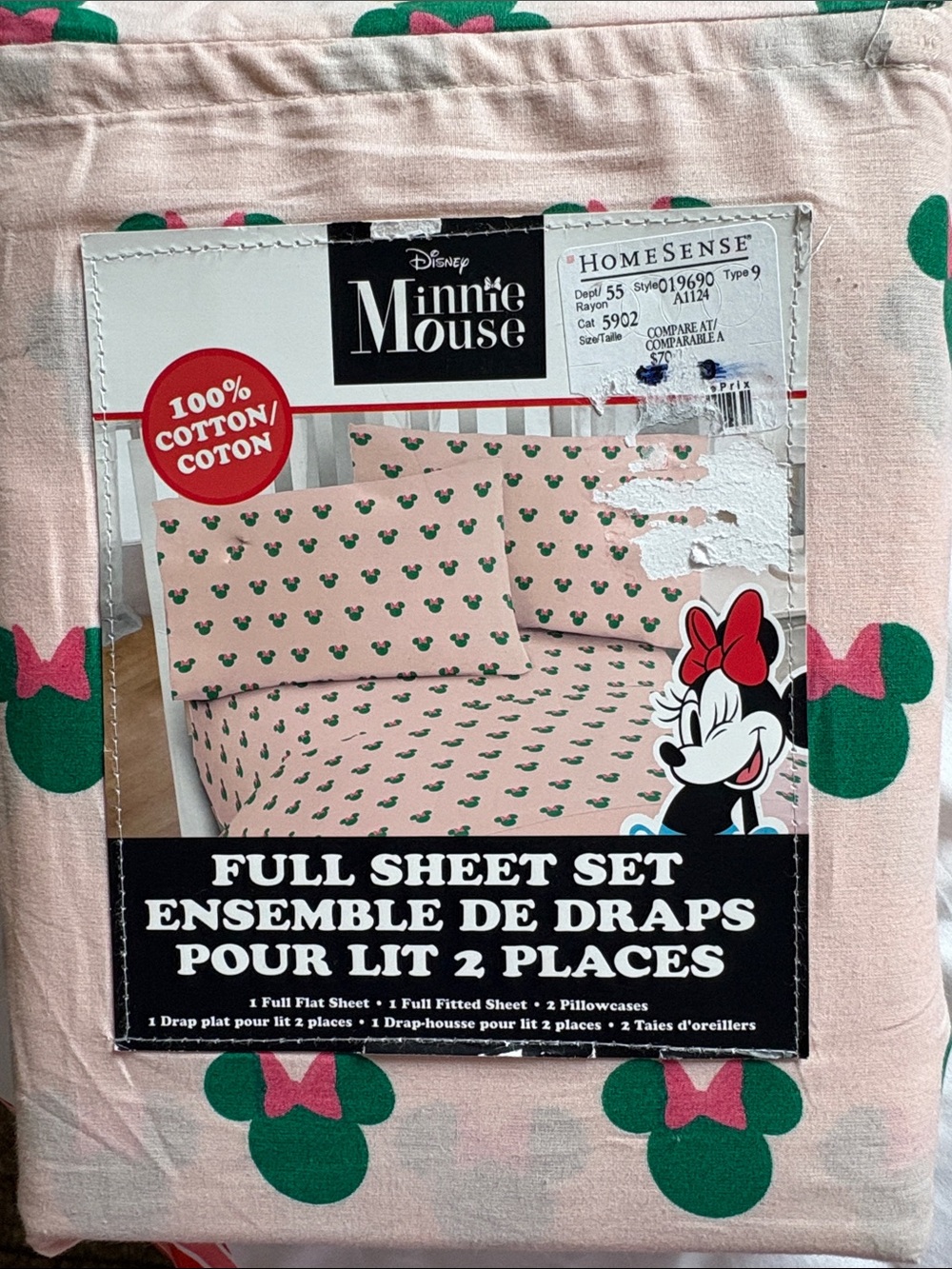 4 piece Disney Minnie Mouse Pink and Green Full Sheet Set